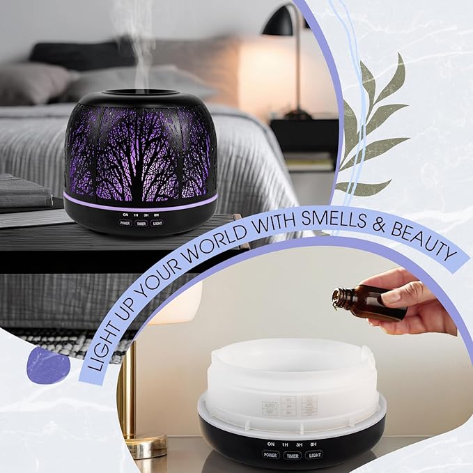 500ml Essential Oil Diffuser, ARVIDSSON Metal Diffusers for Essential Oils, Aromatherapy Diffuser for Large Room, Color Mood Light & Mist Timer Setting, Gift for Women - Black Tree