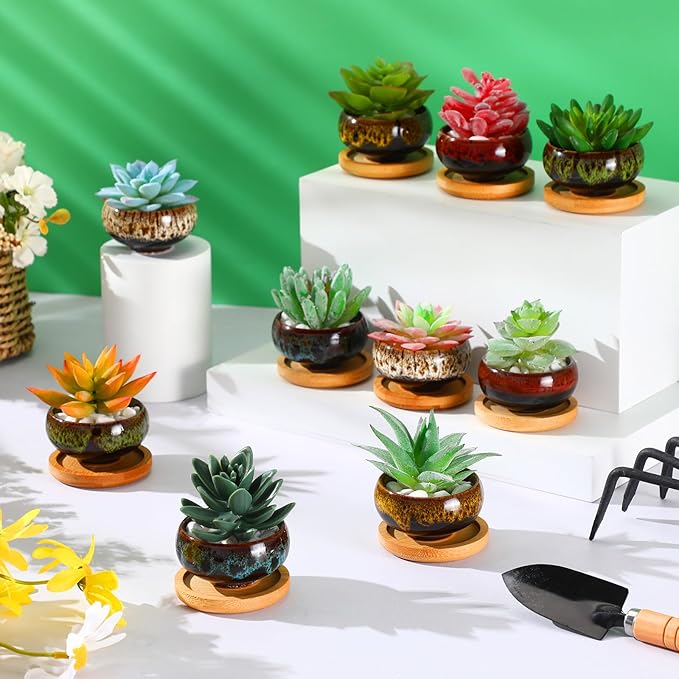 24 Pcs Ceramic Succulent Pots 2.5 Inch Small Plant Pots Indoor with Drainage and Bamboo Saucers Colorful Succulent Flower Planters for Garden Plants Home Decor(Round,1.2 Inch H)