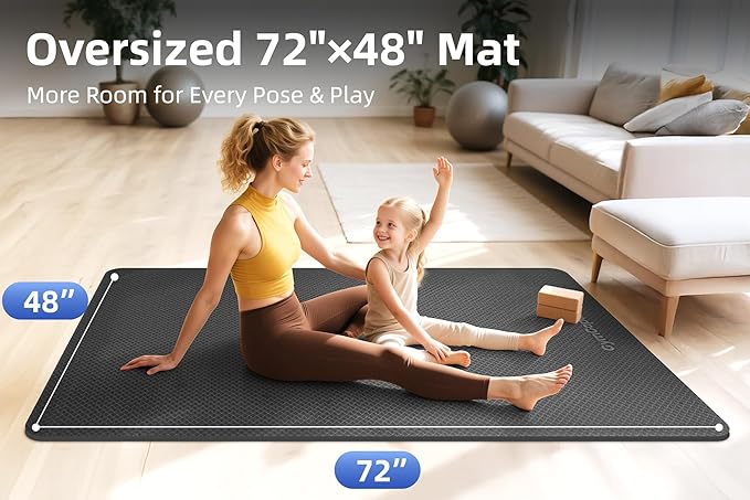 Thick TPE Yoga Mat 72"x48" - 6/8/10/12mm Extra Cushion for Joint Support & Comfort, Non-Slip Texture, Durable & Waterproof, Includes Bag, Strap & Towel for Home Workout, Pilates & Yoga