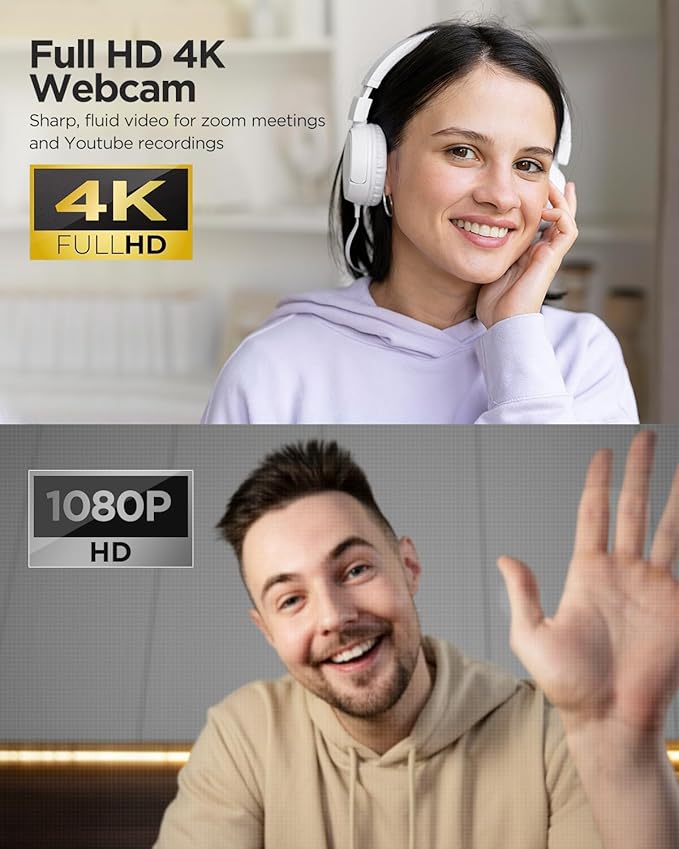 Webcam 4K with Microphone and Webcam Cover Plug and Play with Auto Light Correction for Laptop PC Desktop for Live Streaming Video Call Conference