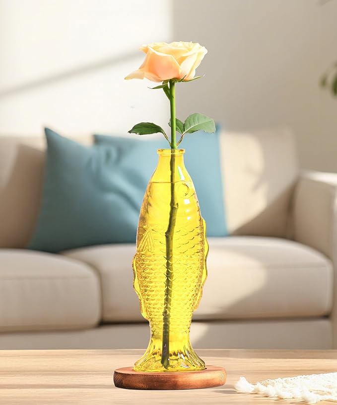 Nacome Fish Vase Glass Plant Terrarium with Wooden Stand,Planter Propagation Station for Home Office Hydroponics Desk Decoration,Unique Gardening Gifts for Plant Lovers Women Mom(Yellow)