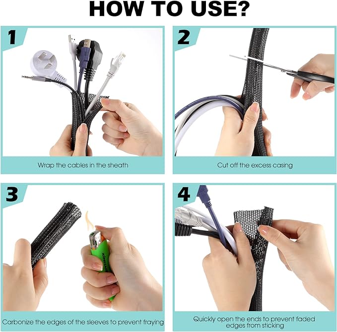 AGPTEK Cable Sleeve Cover, 20ft - 1.2 inch Desk Cord Organizer Cable Hider, Home Office Wire Management Computer TV Wire Loom Tubing, Pet Proof Cord Protector, from Cat Dog Chewing, Black