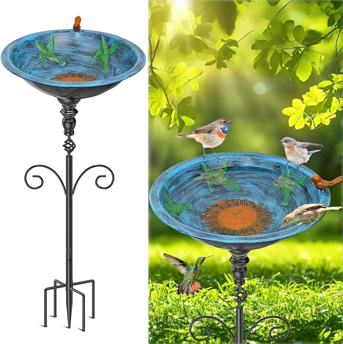 35In Tall Bird Bath for Outside, Vintage Metal Birdbaths & Birdfeeder with 5 Prong Bases for Outdoors, Freestanding Bird Baths Feeder Bowl with for Garden Yard Lawn Decor (Retro Blue)