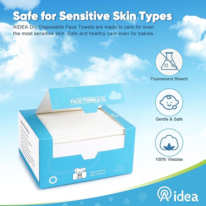 AIDEA XL Face Towels Disposable-200Ct (4 Box), Clean Facial Cloths, Facial Cleansing Wipes for Sensitive Skin, Face Towelettes for Makeup Removing, Nursing, Travel, Dry Wipes 9.84"×11.81"