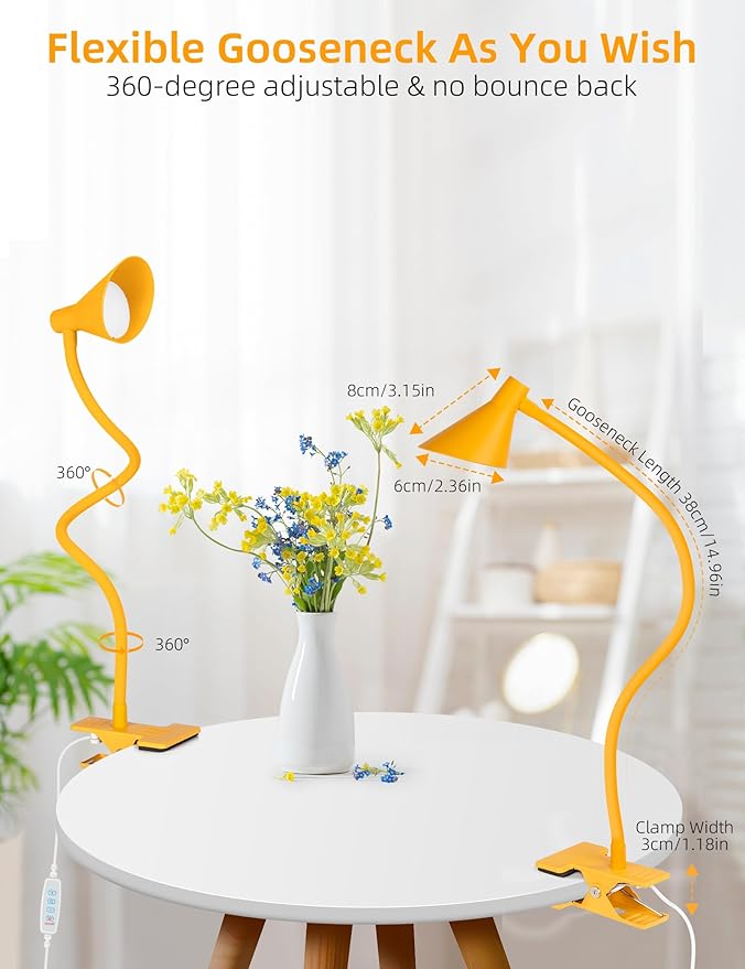 Desk Lamp Clip on Lamp for Bed Headboard LED Reading Light for Bed, 3 Colors 10 Dimmable Brightness, Book Light for Reading in Bed Flexible Neck Clip on Light Clamp Lamp for Bed Desk(Yellow)