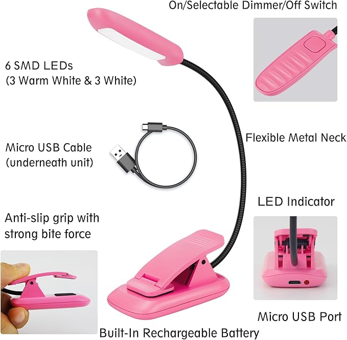 BIGMONAT Rechargeable Book Light, Portable Bendable Neck, Brightness Adjustable Reading Light, Eye Care Reading, Warm & White LEDs, Perfect for Kids, Bed Headboard & Travel (Pink, 2Pack)