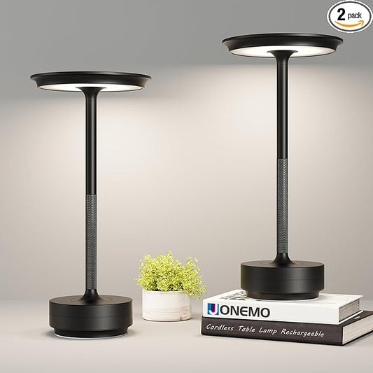 2 Pack Cordless Table Lamp, LED Rechargeable Table Light with 3 Temp Settings, Stepless Dimming, 5000mAh Battery, USB-C, Memory, Aluminum Alloy, for Home, Patio, Restaurant, Outdoor. Black