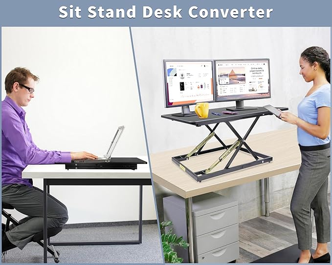 32in Desk Riser for Standing or Sitting, Standing Desk Converter, Height Adjustable Sit Stand Desk Converter, Fully Assembled Monitor Laptop Riser Workstation for Home Office, Black