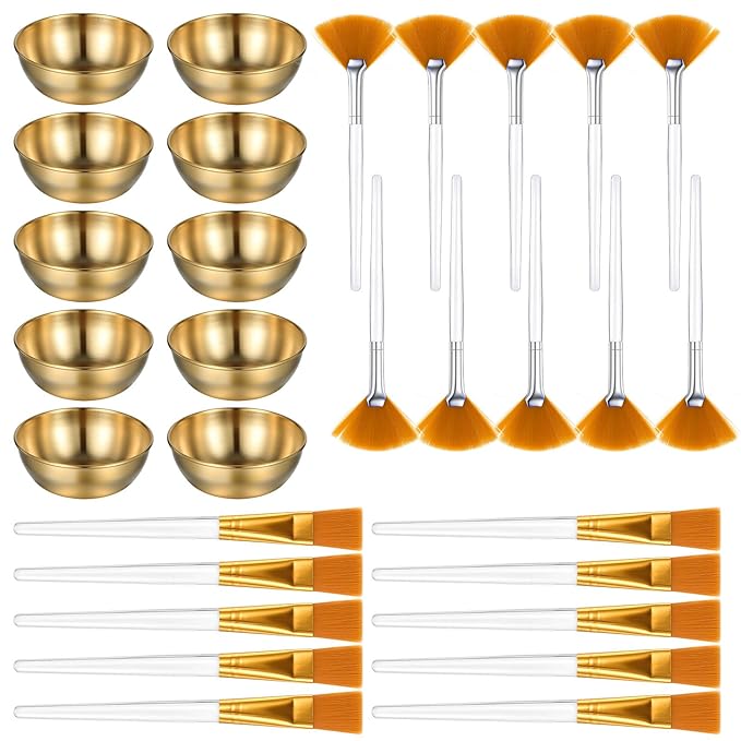 30 Pcs Esthetician Supplies for Facials Set-10 Gold Facial Bowls 10 Facial Brushes Esthetician 10 Flat Brushes Face Mask Cosmetic Applicators for Women Face Mask Mixing Kit