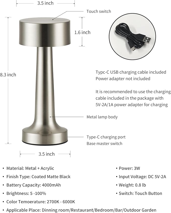 PUSU Cordless LED Nickel Small Table Lamps Set of 2, Portable Rechargeable 4000mAh Battery Operated Desk Lamp, 3 Color Stepless Dimming for Kids, Restaurant, Bedside, Outdoor, Bar, Night Light, Gift