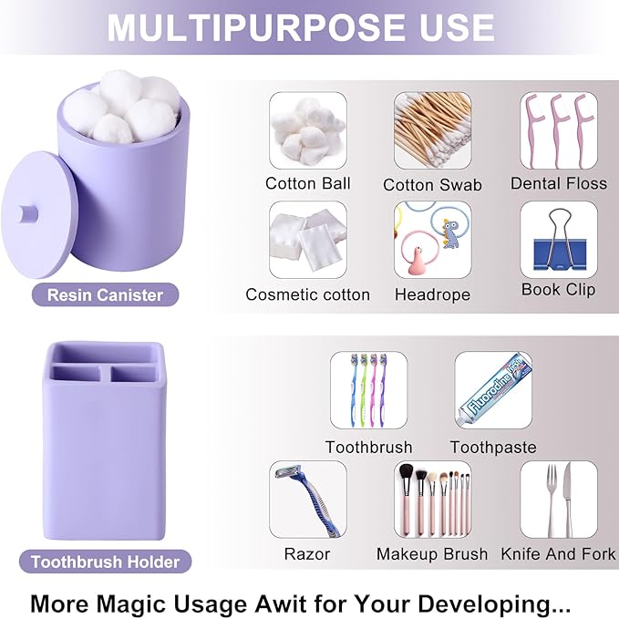 Resin 6 Pcs Purple Bathroom Set Complete with Toothbrush Holder, Lotion Soap Dispenser, 2 Qtip Holder Dispensers,Vanity Tray,Bathroom Tumbler - Countertop Vanity Organizer - Bathroom Accessories