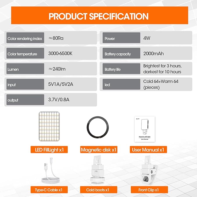 Magnetic Selfie Light, Portable Phone Light Clip, Rechargeable Ring Light for Video Recording, Conference, Live Streaming, TikTok, Makeup, Compatible with iPhone, Laptop, and Camera, White