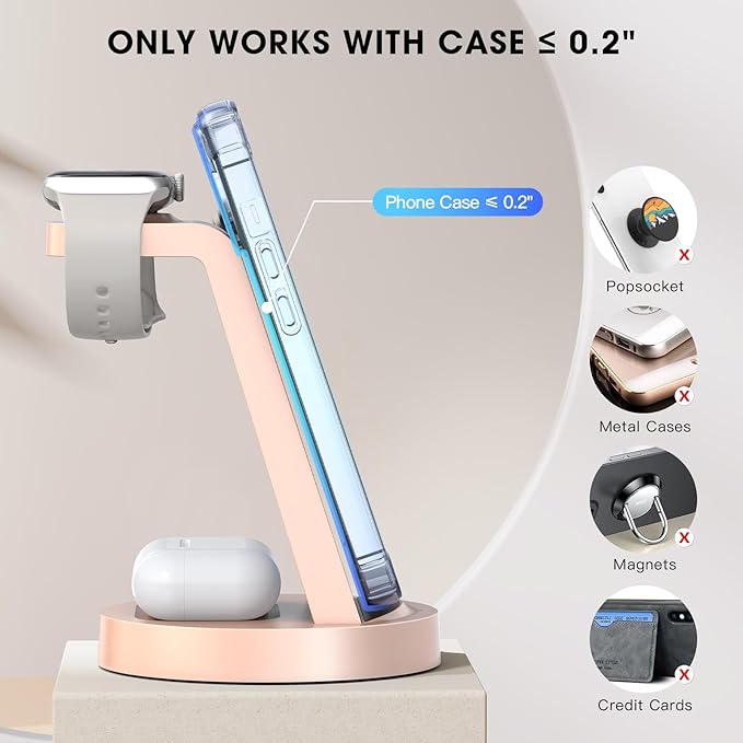 3 in 1 Charging Station for iPhone, Wireless Charger for iPhone 17 16e 16 15 14 13 12 11 X Pro Max & Apple Watch - Charging Stand Dock for AirPods (Rose)