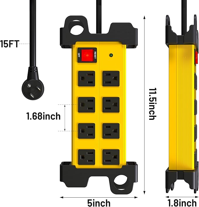 Heavy Duty Power Strip 8 Outlets - Surge Protector 2700J with 15FT Long Extension Cord, Industrial Metal Powerstrip 15Amp, Wall Mount Plug for Garage Workshop Outdoor Home Office, Wide Spaced (15ft)