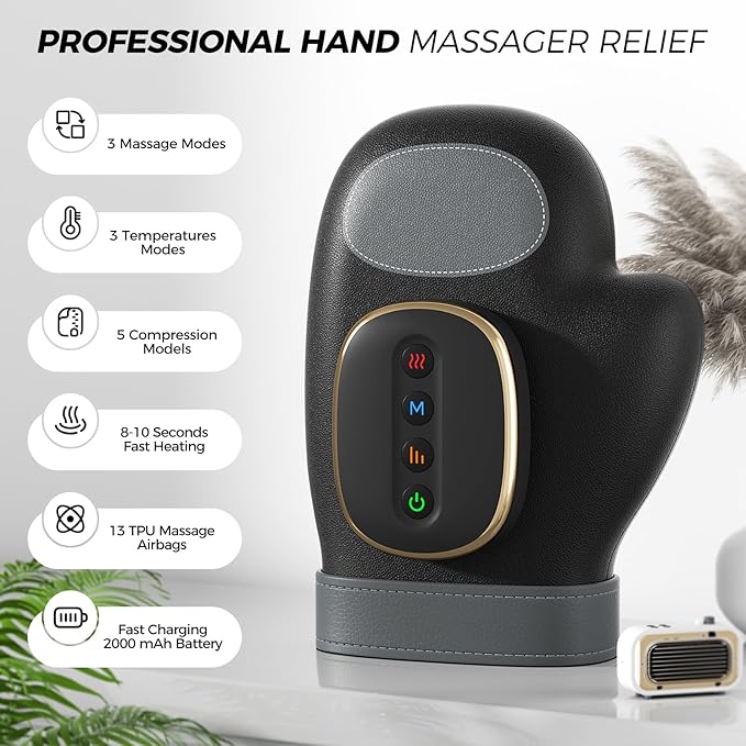 WUX Hand Massager with Heat Compression Relief, 3 Massage 4 Temperatures 5 Compression Models Therapy Glove, Hand Massager for Arthritis and Carpal Tunnel, Great Gift for Men and Women