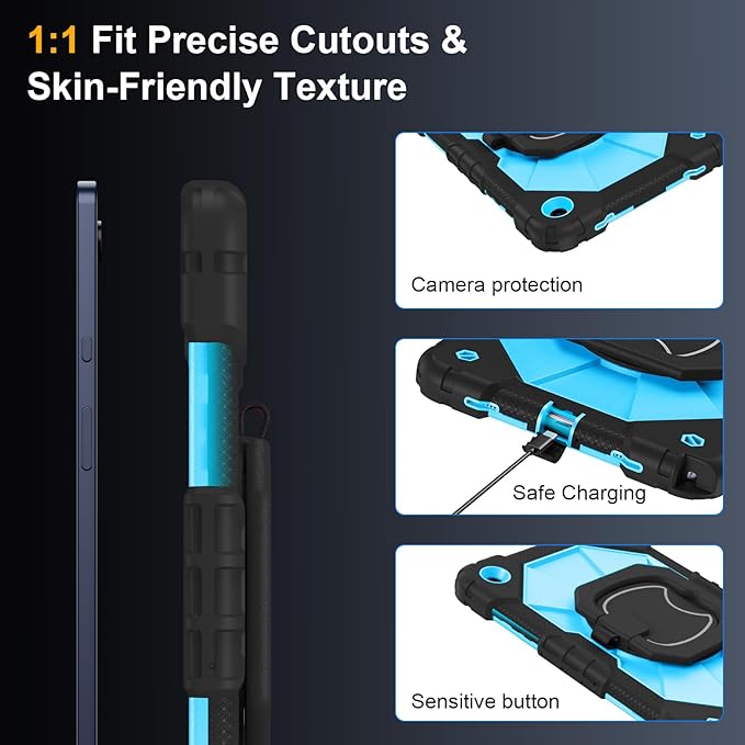 Case for Samsung Galaxy Tab A9 Plus 11 Inch 2023(SM-X210/X216/X218), Auorld Rugged Case for Samsung Galaxy A9+ Tablet with Screen Protector 360 Rotating Stand Shoulder Strap Pen Holder, Black Blue