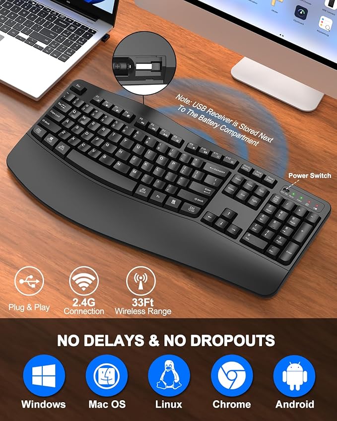 Ergonomic Wireless Keyboard with Wrist Rest, Wave Keys, Comfortable Natural Typing, 2.4GHz Full Size Ergo Wireless Computer Keyboard for Multi-OS, Windows, Mac OS Laptop/PC/Notebook (Black)