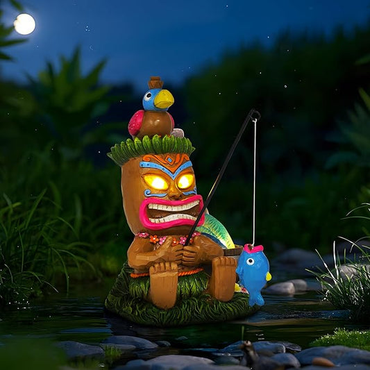 Solar Tiki Garden Statues: 8'' Funny Tiki Bar Decor with Solar Light Outside Decoration for Lawn Yard Patio Garden Gifts for Housewarming (Fishing)