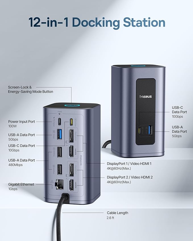 Baseus Docking Station Dual Monitor for macOS/Win, Nomos Mac Air(12 in 1) Laptop Docking Station with 4K HDMI, 10Gbps USB Ports, 1Gbps Ethernet, PD 100W(No Power Adapter)