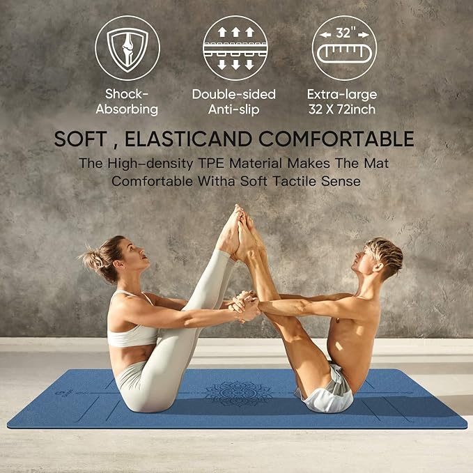 Yoga Mat Non Slip TPE Extra Wide Yoga Mat with Alignment Mark, 72"L x 32"W x 0.32"/0.24"Th (183cm x 80cm x 8mm/6mm), Anti-Tear Exercise Mat with Carrying Strap and Bag, Workout Mats for Yoga, Pilates