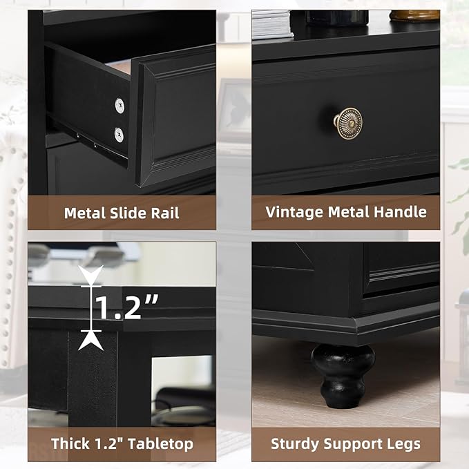 24" Wide Farmhouse Night Stand Set of 2,Large End Table with 2 Drawers & Metal Handle,Black Wood Dresser for Bedroom, Bed Side Table Chest of Drawers Cabinet, Nightstand for Living Room,Closet