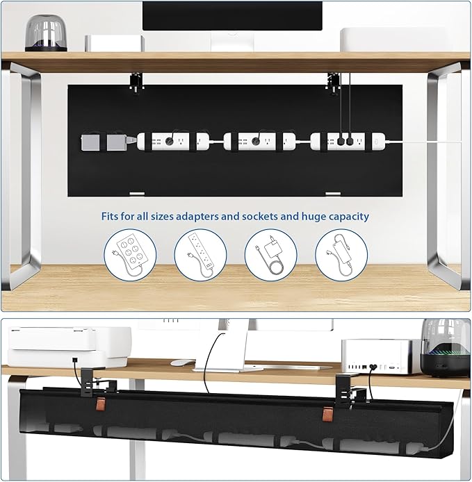 Zilink No Dril Under Desk Cable Management Tray 40" Cord Organizer for Table Clamp/Screw Mount Premium Fabric Cable Management Tray for Home Office Gaming Desk