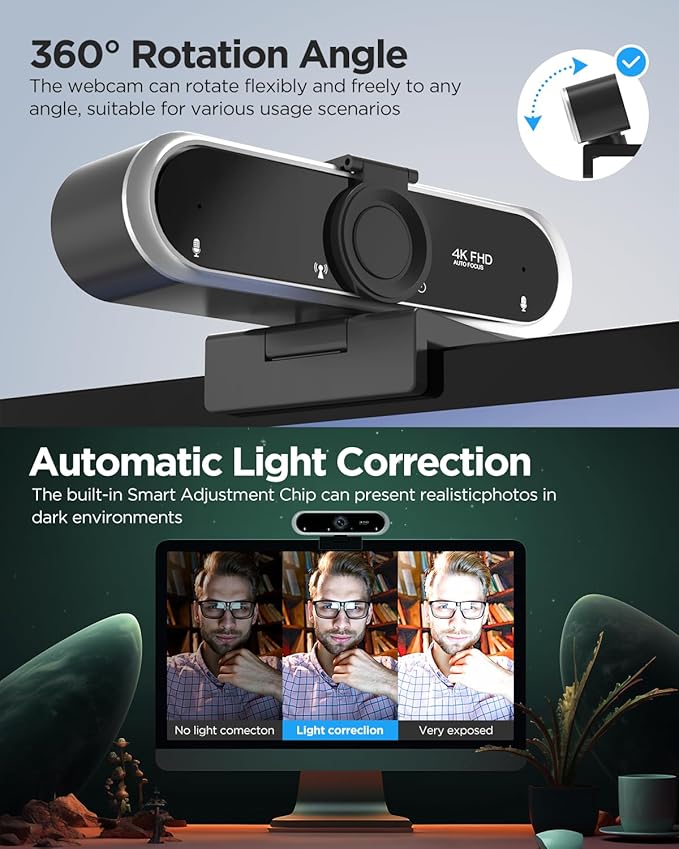 Webcam 4K with Microphone and Webcam Cover Plug and Play with Auto Light Correction for Laptop PC Desktop for Live Streaming Video Call Conference