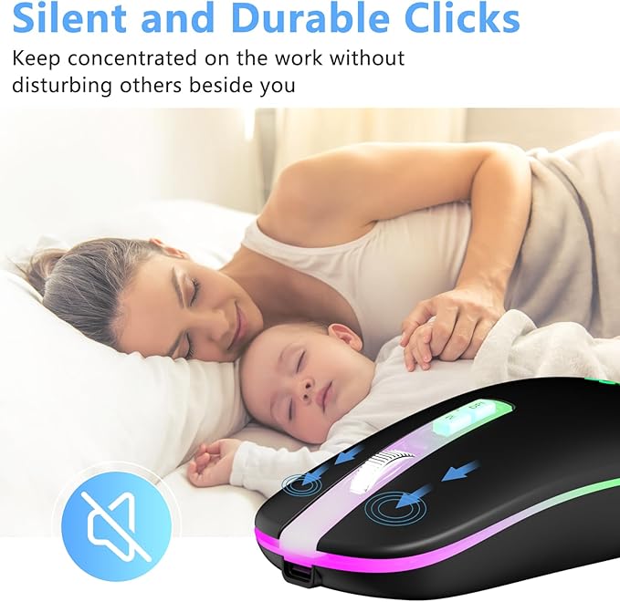 KARFUN Wireless Mouse, Backlit LED Portable Slim Computer Mouse for Laptop, PC, Computer, MacBook, iPad, Chromebook, Notebook, 2.4G Rechargeable Wireless Mouse (Black) (Black-Transparent Nose)