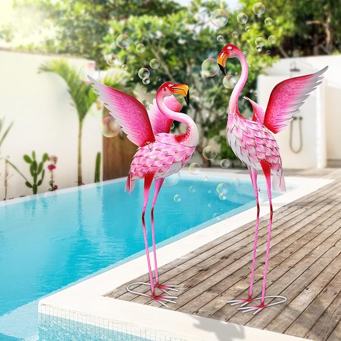 MUMTOP Flamingo Garden Statues for Outside, 2 Pack Flamingos Garden Sculpture Statue, Large Bird Yard Art for Backyard Pond Patio Porch Decoration