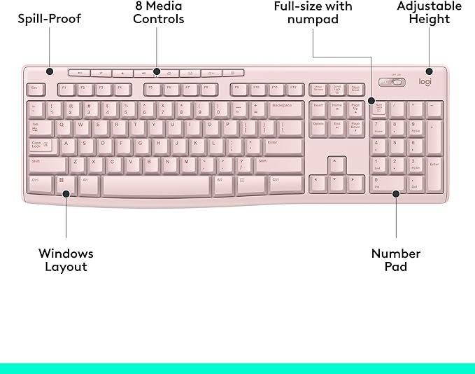 Logitech K270 Wireless Keyboard for Windows, 2.4 GHz Wireless, Full-Size, Number Pad, 8 Multimedia Keys, 2-Year Battery Life, Compatible with PC, Laptop - Rose