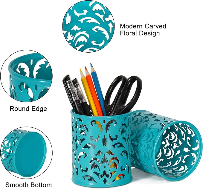 EasyPAG Dark Teal Pen Holder for Desk 2 Pack Metal Pen Holder Organizer Pencil Cup Holder for Home, Office, Classroom, School