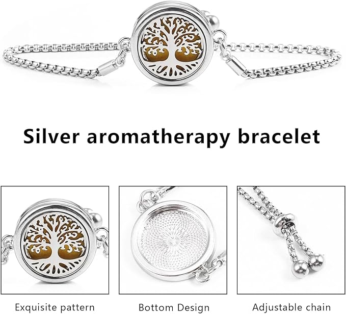 Essential Oil Diffuser Bracelet Aromatherapy Locket Adjustable Bracelet Stainless Steel Tree of Life Bracelet with 10 Pcs Refill Pads for Women Girls