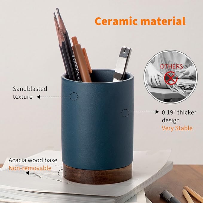 Pen Holder for Desk, Ceramic Pencil Organizer & Makeup Brush Holder, Office Decor and Desk Accessories，Perfect Office Organization,Teacher Supplies(Royal Blue, Set / 2)