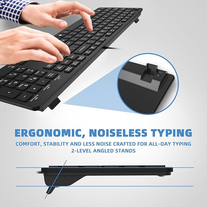 Wired USB Keyboard, Comfortable Quiet Chocolate Keys, Durable Ultra-Slim Wired Computer Keyboard(QWERTY) for PC, Windows 11/10/8/7/XP/Vista KB1430 - Black