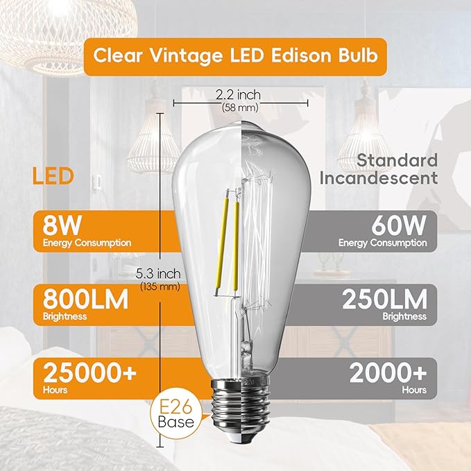 Jensense Edison LED Light Bulbs 8Watt Dimmable, 2700K Warm White, E26 Base, 60W Equivalent, Vintage Style, 800lm, CRI 90, Clear Glass, 24 Pack
