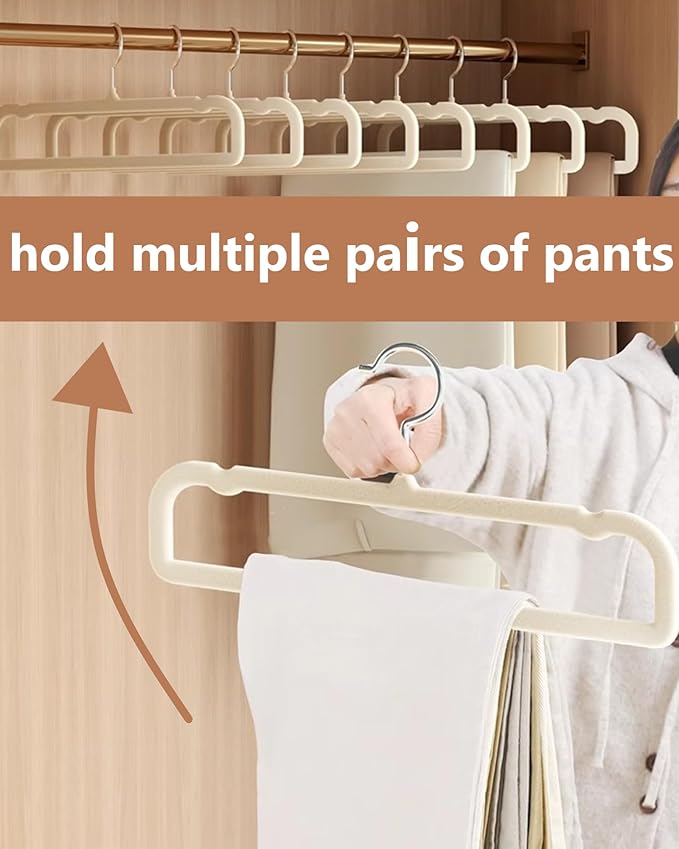 HGYZE Velvet Pant Hanger Space Saving, 20 Pack Non-Slip Shorts Hanger, Jeans Slack Trousers Hanger with 10pcs Clothe Hanger Connector Hooks Closet Organizer, Slim Felt Hangers for College Dorm (Beige)