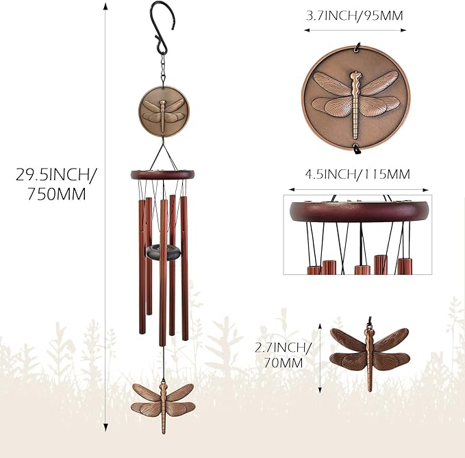 Dragonfly Wind Chimes for Outside,32 "Memorial Wind Chimes Create a Zen Atmosphere for Outdoor Dragonfly Gift for Women Mother Father Christmas Unisex,Garden Patio Yard Decor(Copper)