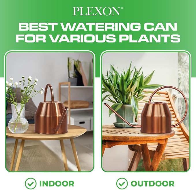 Plexon Rose Gold Metal Watering Can Indoor Plants 40 oz, Stainless Steel Long Spout Watering Can Outdoor House Plant Flower, Garden