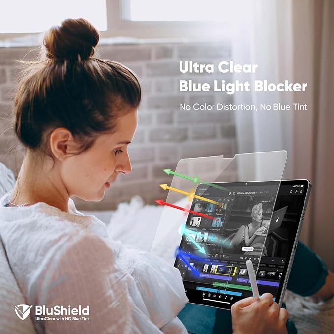 FLOLAB ONETIME NanoArmour Screen Protector for iPad Pro 11 Inch M4 2024 Tempered Glass, TruColor, Blue Light Blocker, No Blue Tint, Original Display Color, Ultra Clear, Easy Install, Durable