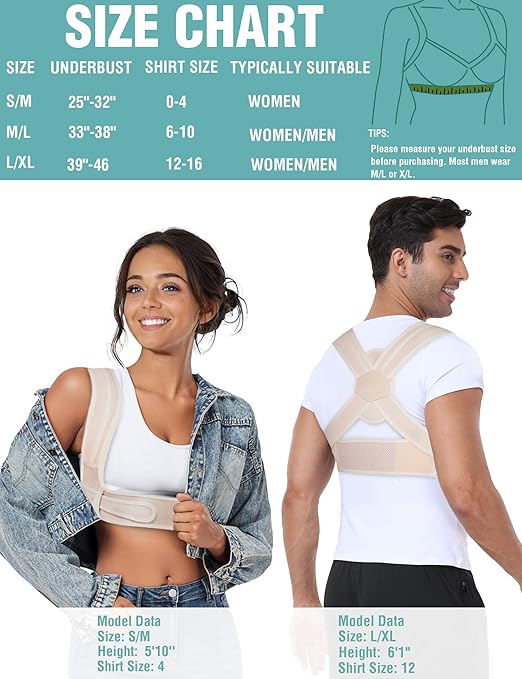 Posture Corrector for Women Men,BI-Straps Back Straightener - Bamboo Fiber Back Brace Posture Corrector - Instant Upper Back Pain Relief (Beige, L/XL)