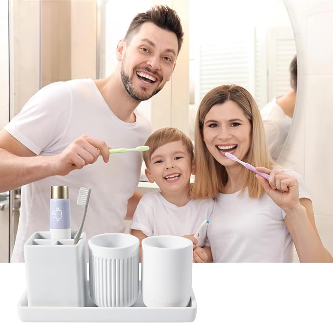 Resin Bathroom Toothbrush Cups Set with Holder and Tray, 4 Pcs Matte White Bathroom Accessories Set Counter Organizer for Sink Home Decor