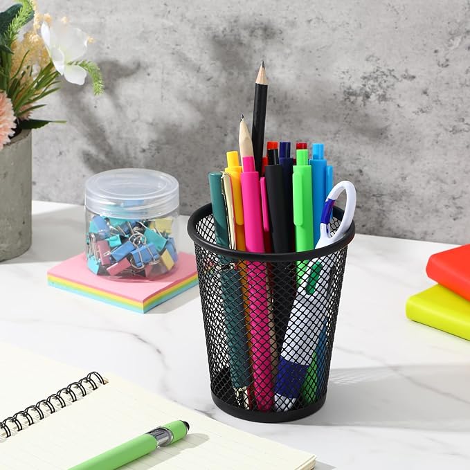 12 Pack Metal Mesh Pen Holder, Black Round Pencil Cup Organizer for Desk, Office, Classroom, 2.6"x3.5"x4.2" Size