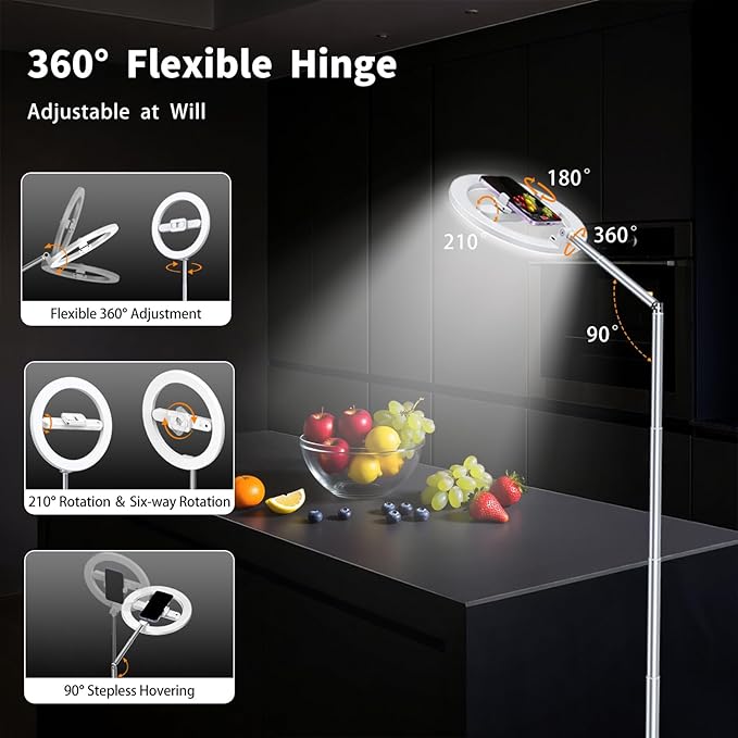 yAyusi 68.5" Overhead Phone Mount with Ring Light for iPhone, 3000mAh 360° Rotation Foldable Rechargeable Ring Light Phone Holder for Video Recording, Photography, Live Streaming, TikTok, YouTube