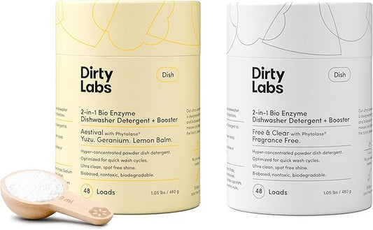 Dirty Labs | Dishwasher Detergent & Booster 2-Pack Sampler | Aestival + Free & Clear | 96 Loads | Ultra Clean, Spot Free, Quick Wash Optimized | Hyper Concentrated