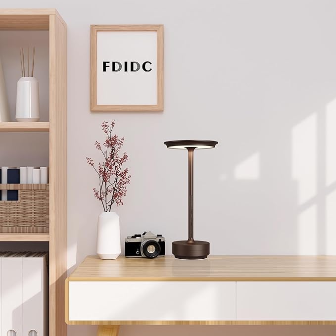 Rechargeable Cordless Table Lamps, 5000mAh Portable LED Table Light, 3 Color Stepless Dimming Battery Powered Metal Table Lamp for Outdoor Patio/Bedroom/Restaurant.(Brown)