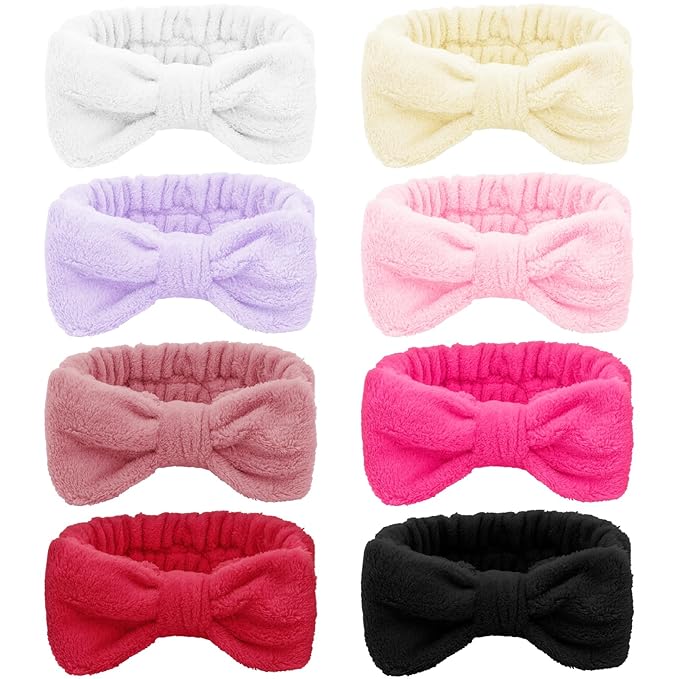 Ondder Spa Terry Cloth Skincare Headbands for Women - 8 Pcs Cute Bow Hair Bands for Makeup, Face Wash and Skin Care
