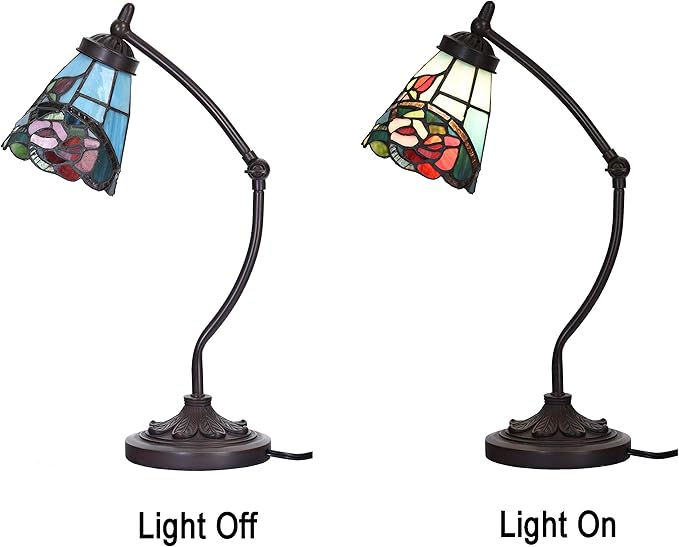 Bieye L10759 Tiffany Style Stained Glass Table Lamp Night Light with Swing Arm Base for Working Reading Home Decoration (Rose Flower)