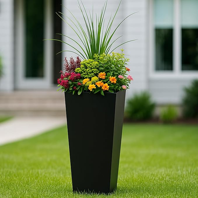 Kozyard 30" Hx15.4 Lx15.4 W Tall Taper Black Metal Planter Flower Plant Pot Indoor Outdoor Planters Steel Flower Pot All-Weather Use with 2 Partition Panels for for Trees, Plants Flowers