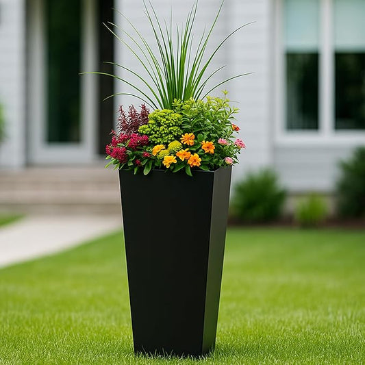Kozyard 30" Hx15.4 Lx15.4 W Tall Taper Black Metal Planter Flower Plant Pot Indoor Outdoor Planters Steel Flower Pot All-Weather Use with 2 Partition Panels for for Trees, Plants Flowers