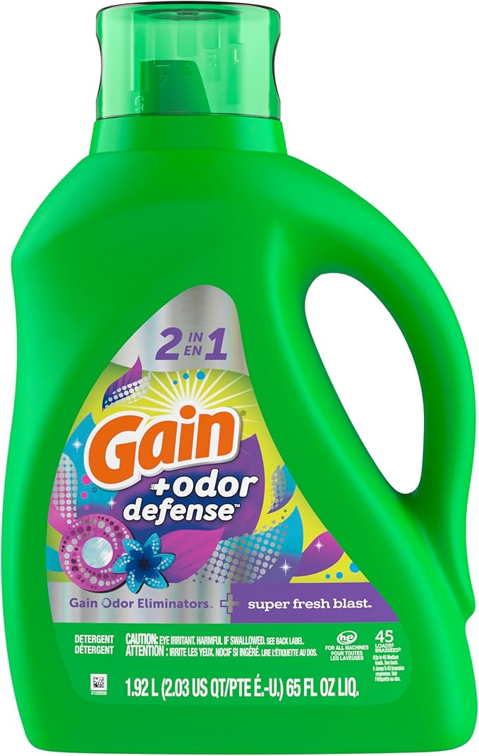 Gain + Odor Defense Laundry Detergent Liquid Soap, 2-Pack, Super Fresh Blast Scent, 65 Fl Oz Each